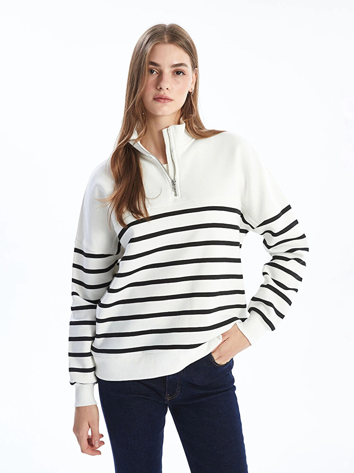 LCW Modest Siyah Dik Yaka Çizgili Kadın Sweatshirt Tunik
