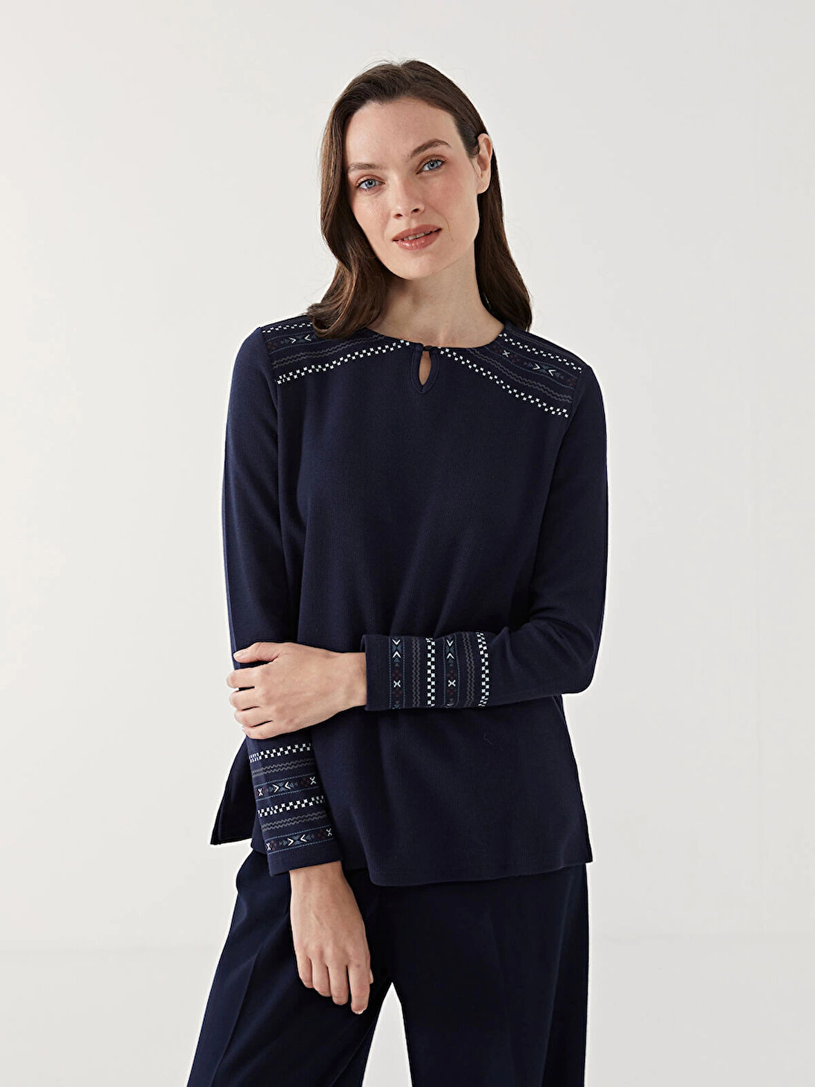LCW Grace LACİVERT Bisiklet Yaka Desenli Kadın Bluz
