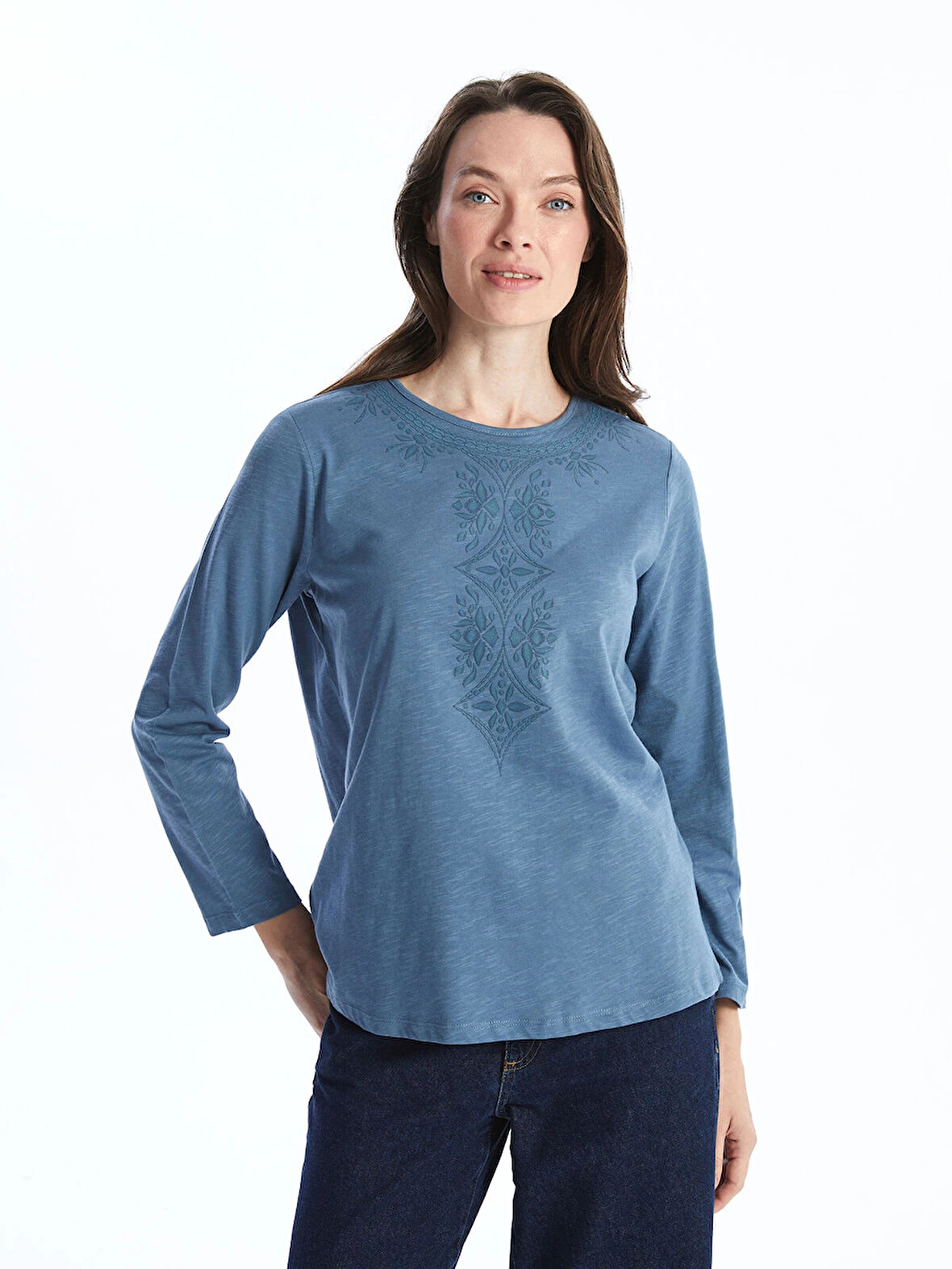 LCW Grace İNDİGO Bisiklet Yaka Nakışlı Kadın Bluz