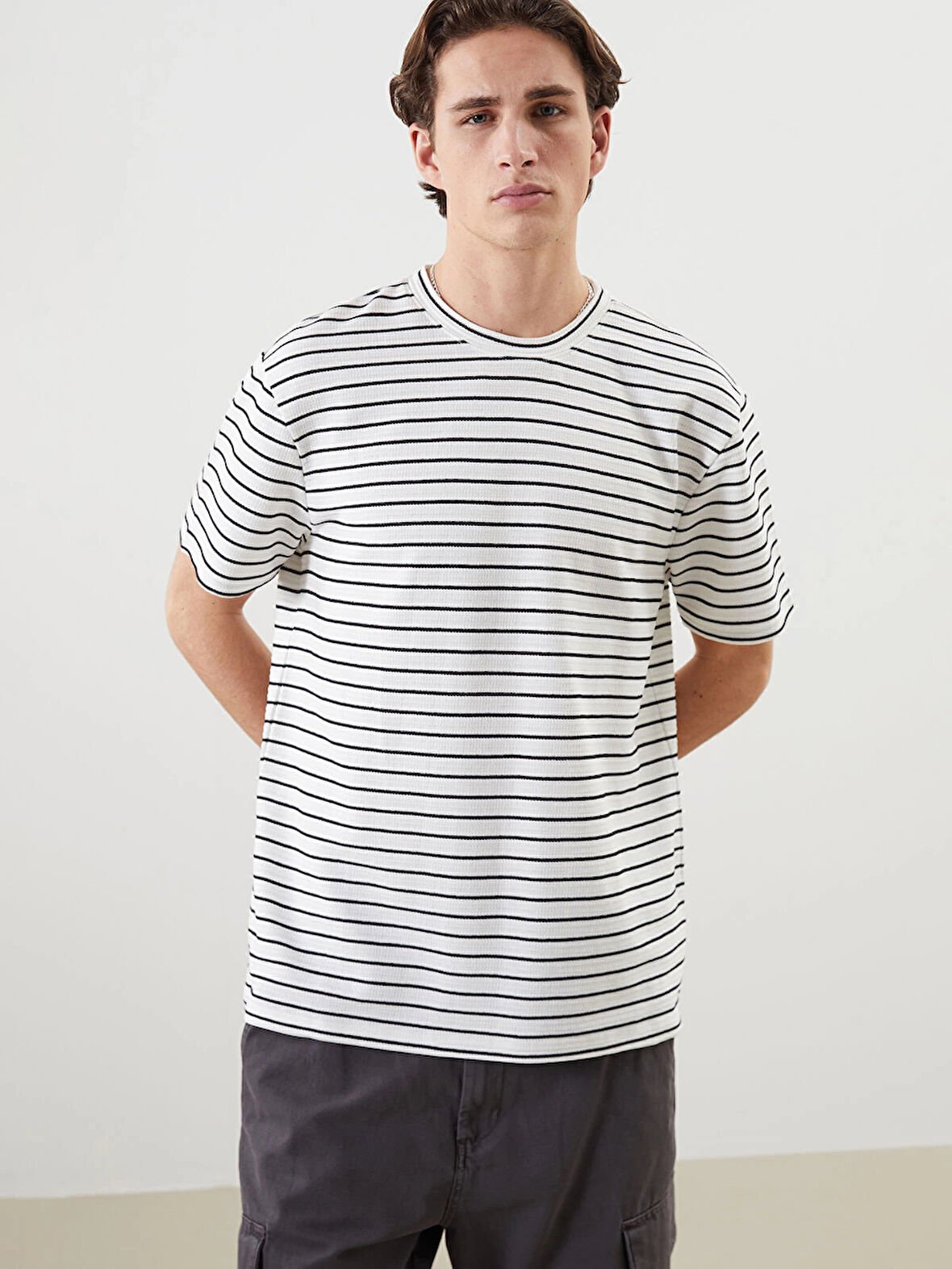 XSIDE Ekru Bisiklet Yaka Kısa Kollu Çizgili Penye Erkek Tişört