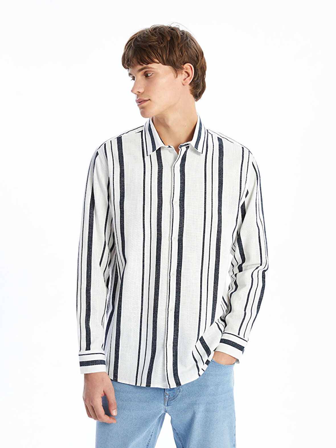 XSIDE LACİVERT Regular Fit Uzun Kollu Çizgili Erkek Gömlek