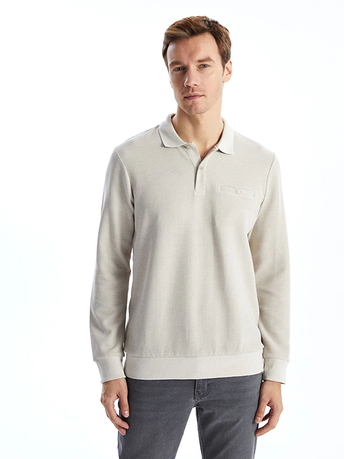 LCWAIKIKI Classic Bej Polo Yaka Uzun Kollu Erkek Sweatshirt