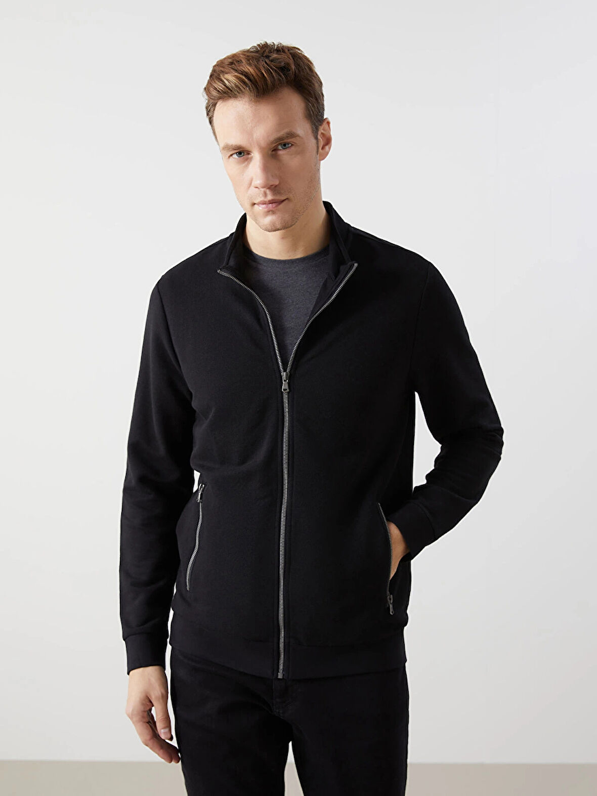 LCWAIKIKI Classic Siyah Dik Yaka Uzun Kollu Erkek Fermuarlı Sweatshirt