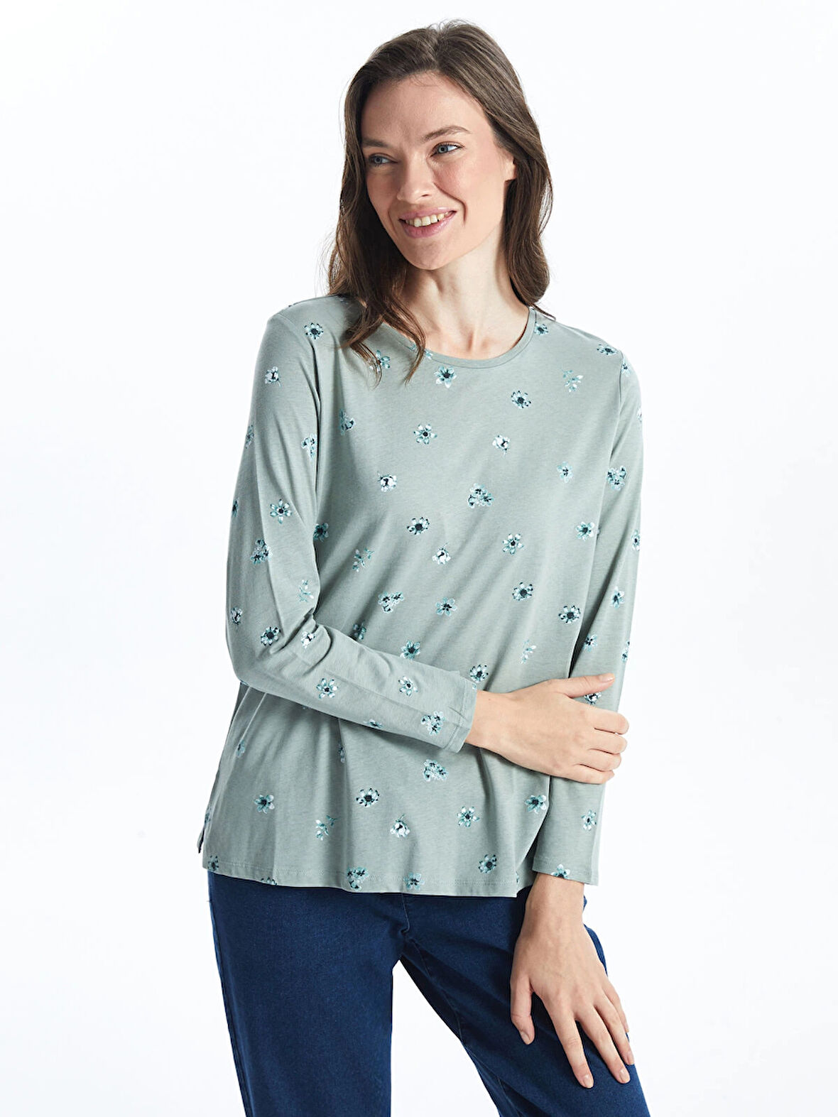 LCW Grace Yeşil Bisiklet Yaka Çiçekli Kadın Bluz