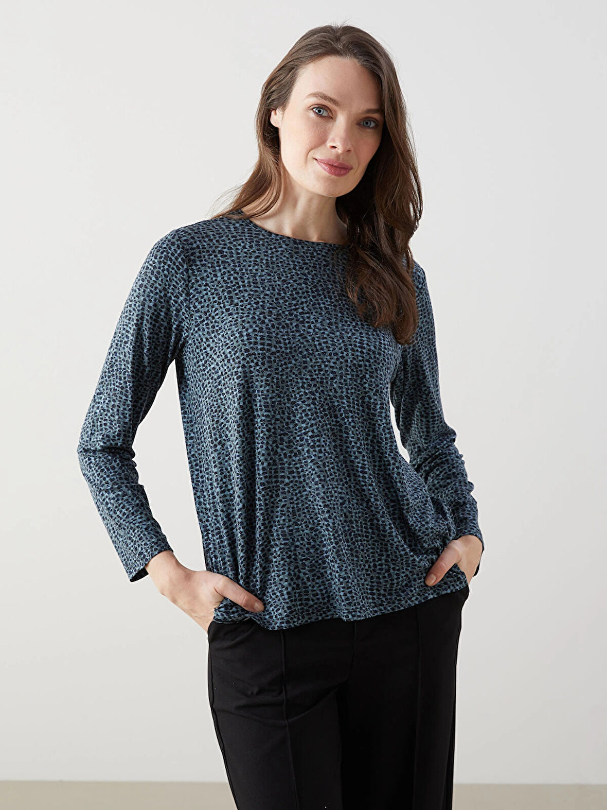 LCW Grace Yeşil Bisiklet Yaka Desenli Kadın Tişört