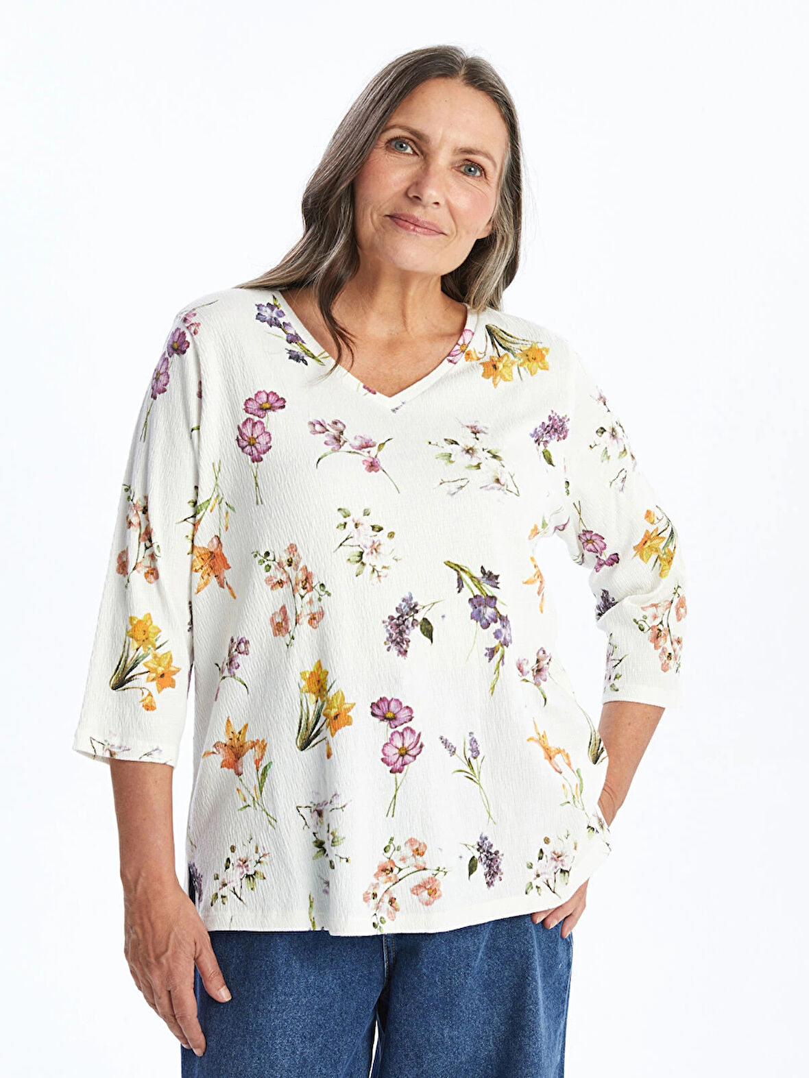 LCW Grace EKRU V Yaka Desenli Kadın Bluz