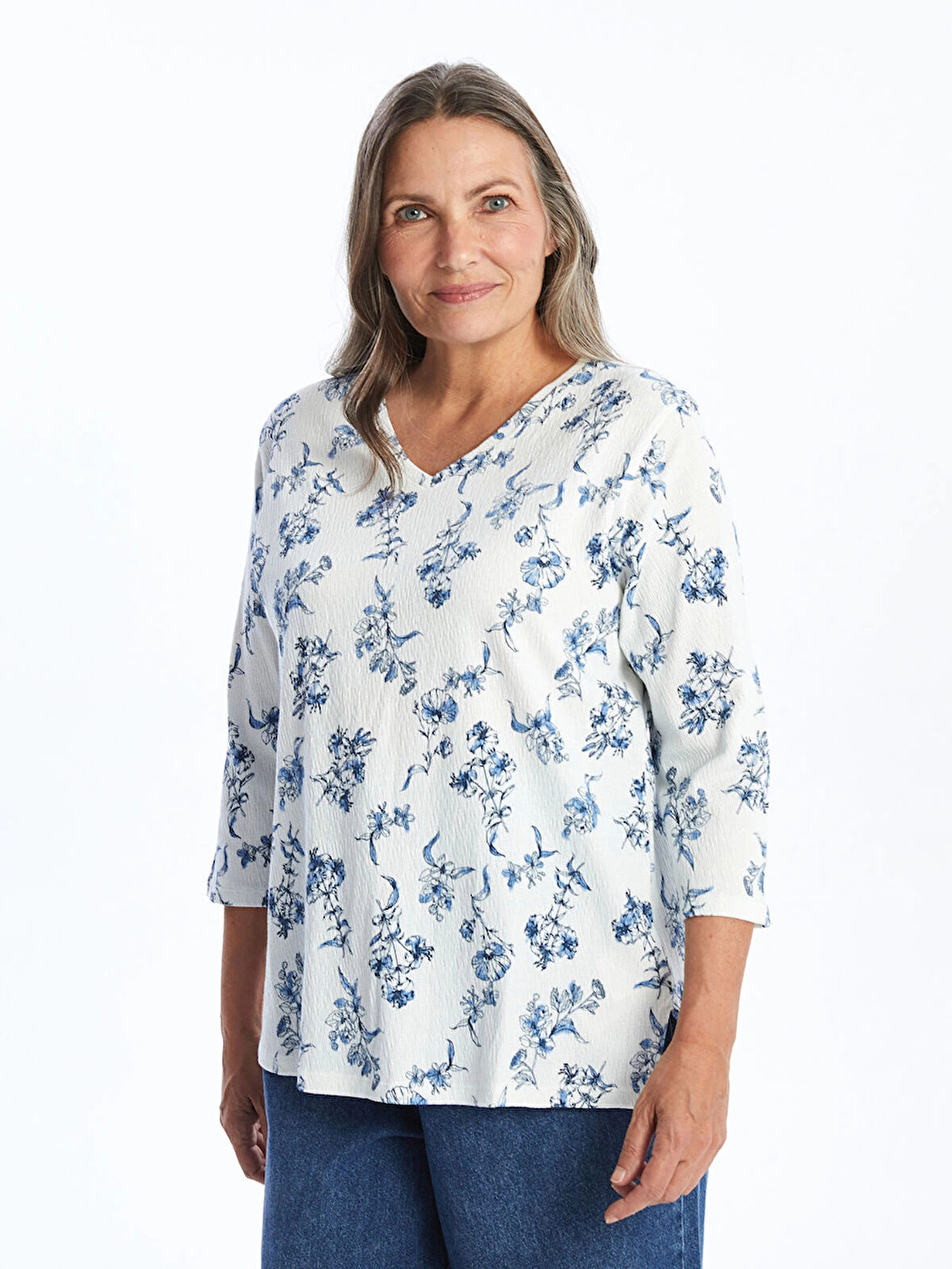 LCW Grace EKRU V Yaka Desenli Kadın Bluz