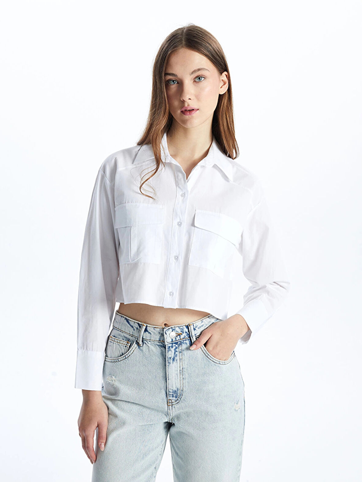 XSIDE BEYAZ Crop Poplin Kadın Gömlek