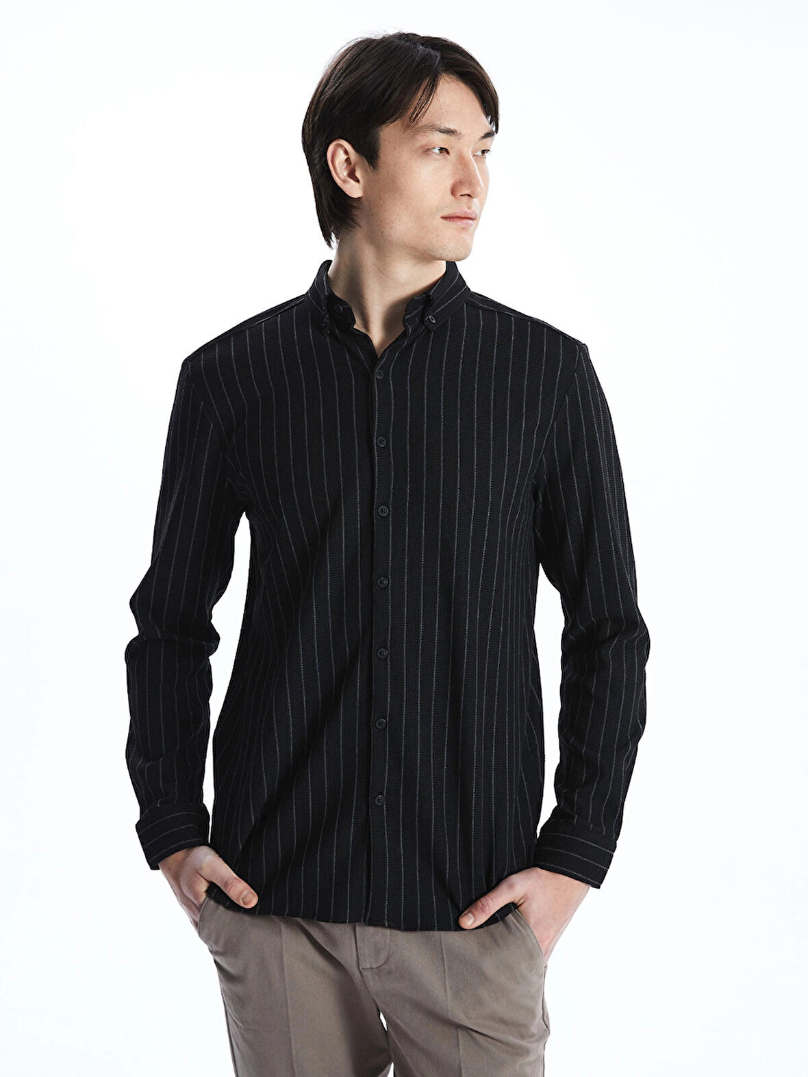 SOUTHBLUE Siyah Slim Fit Uzun Kollu Çizgili Erkek Gömlek