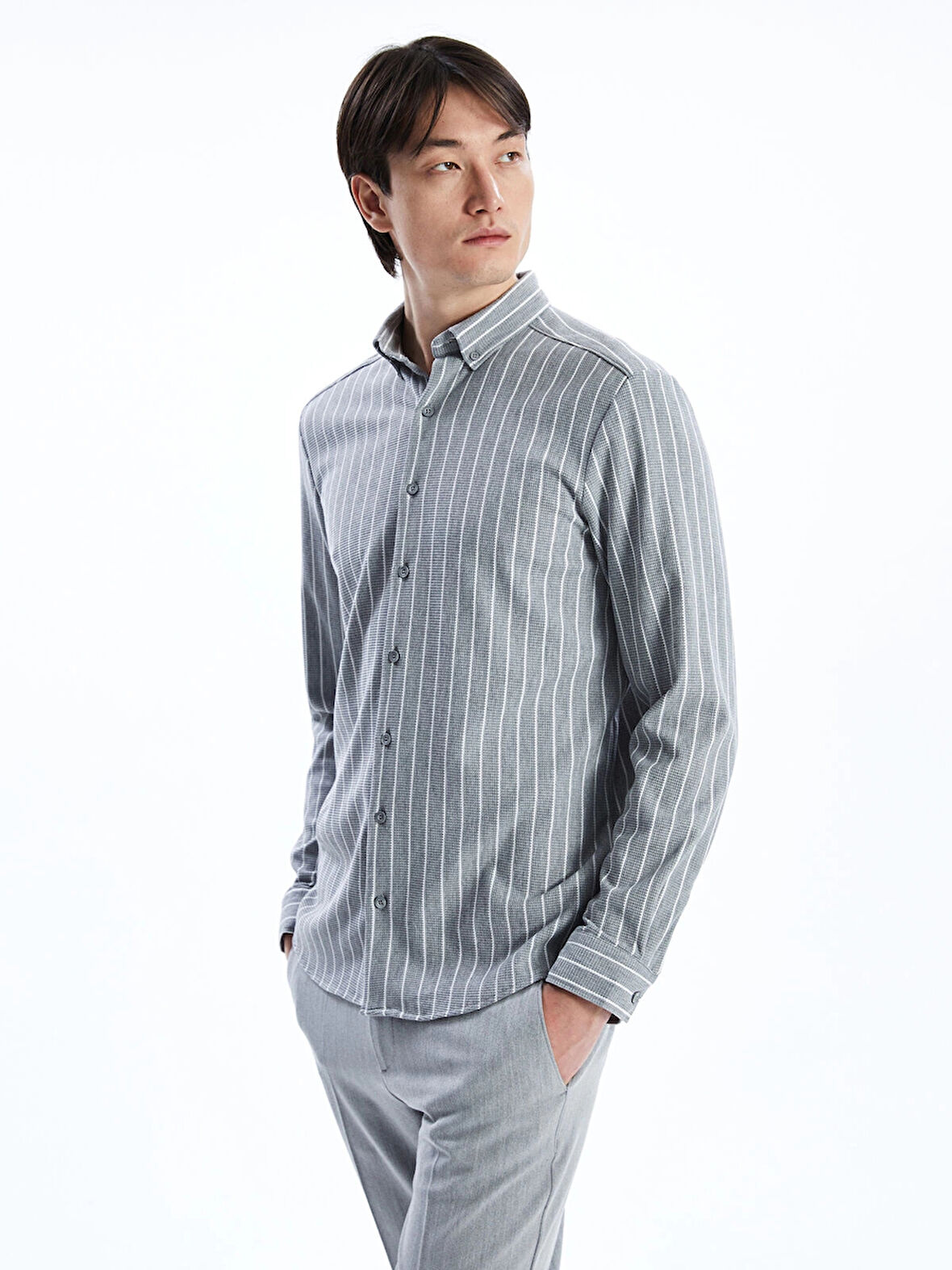 SOUTHBLUE Gri Slim Fit Uzun Kollu Çizgili Erkek Gömlek