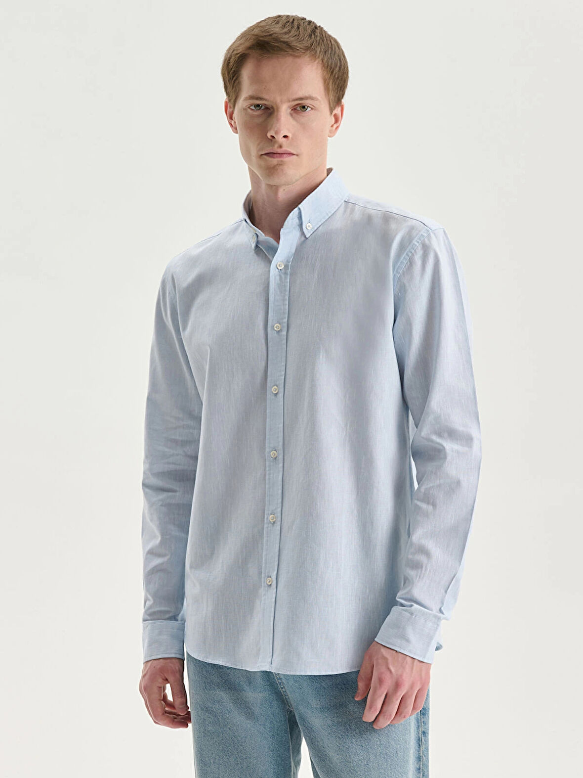 LCW Vision Mavi Regular Fit Uzun Kollu Keten Karışımlı Erkek Gömlek