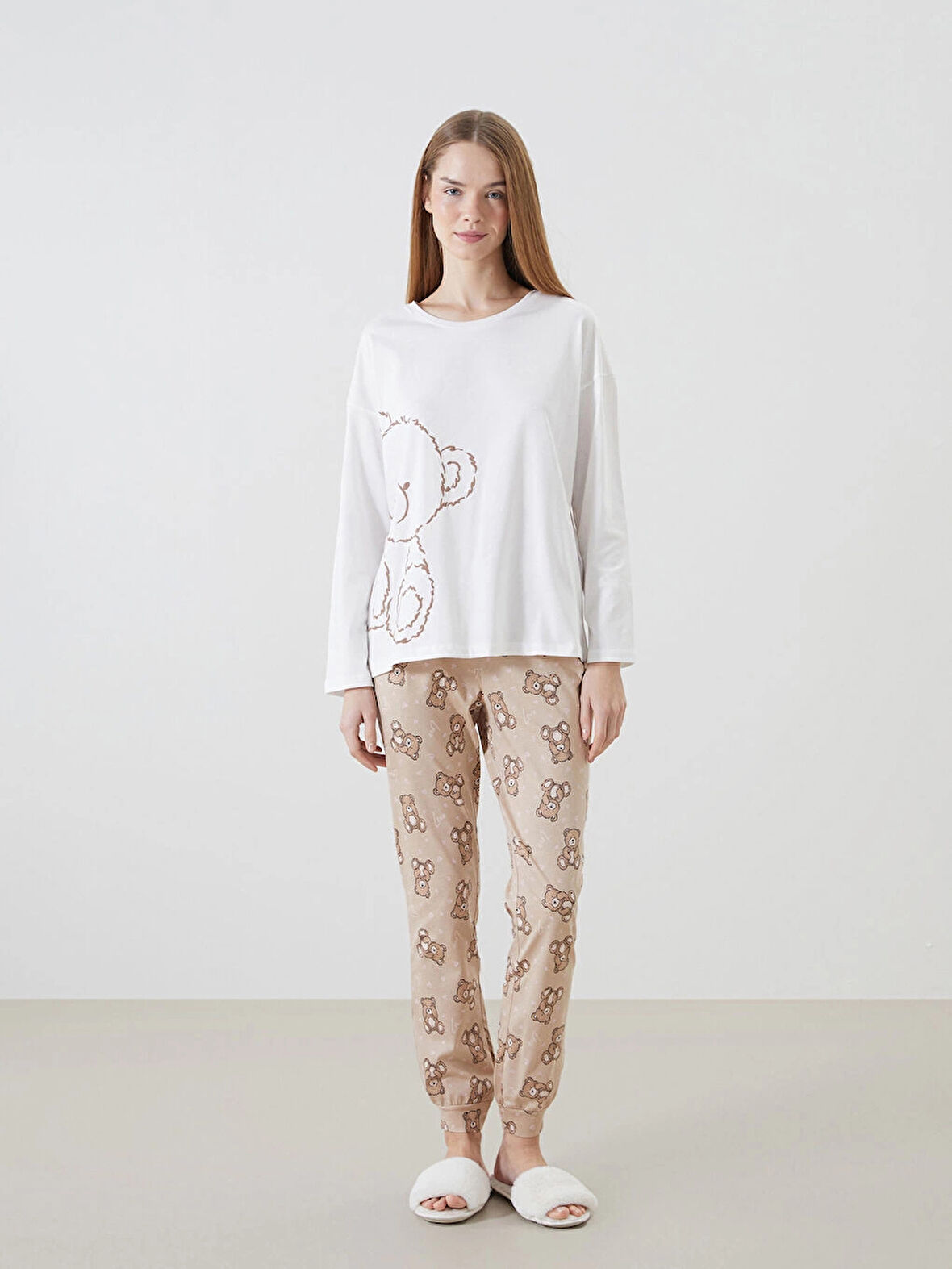 LCW Young Bej Bisiklet Yaka Baskılı Kadın Pijama Takımı