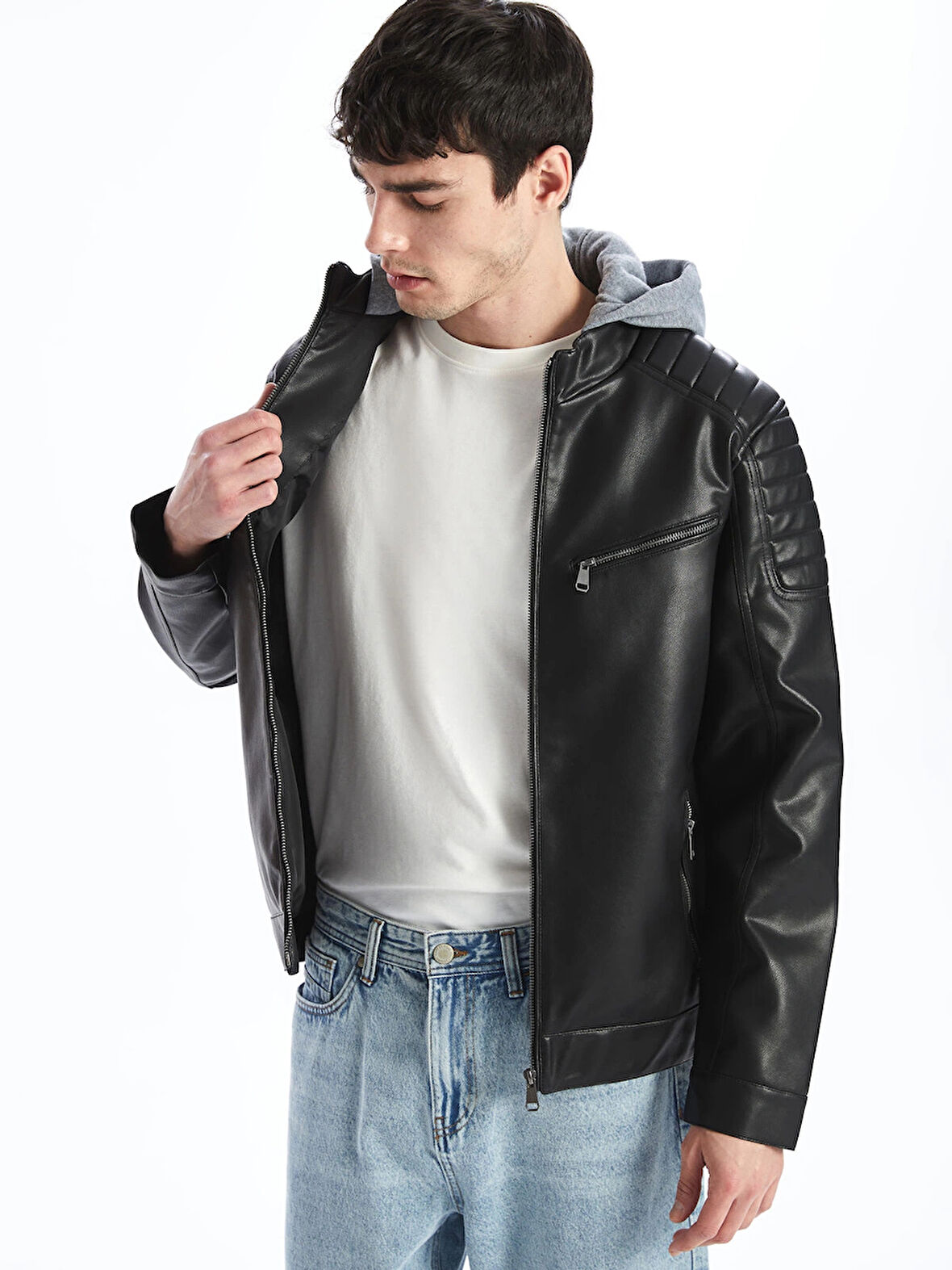 XSIDE Siyah Slim Fit Kapüşonlu Erkek Deri Görünümlü Mont