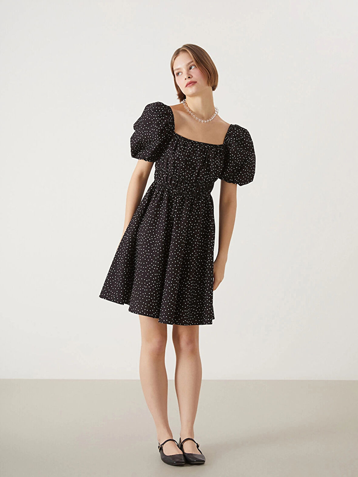 XSIDE SİYAH Kare Yaka Puantiyeli Poplin Kadın Elbise