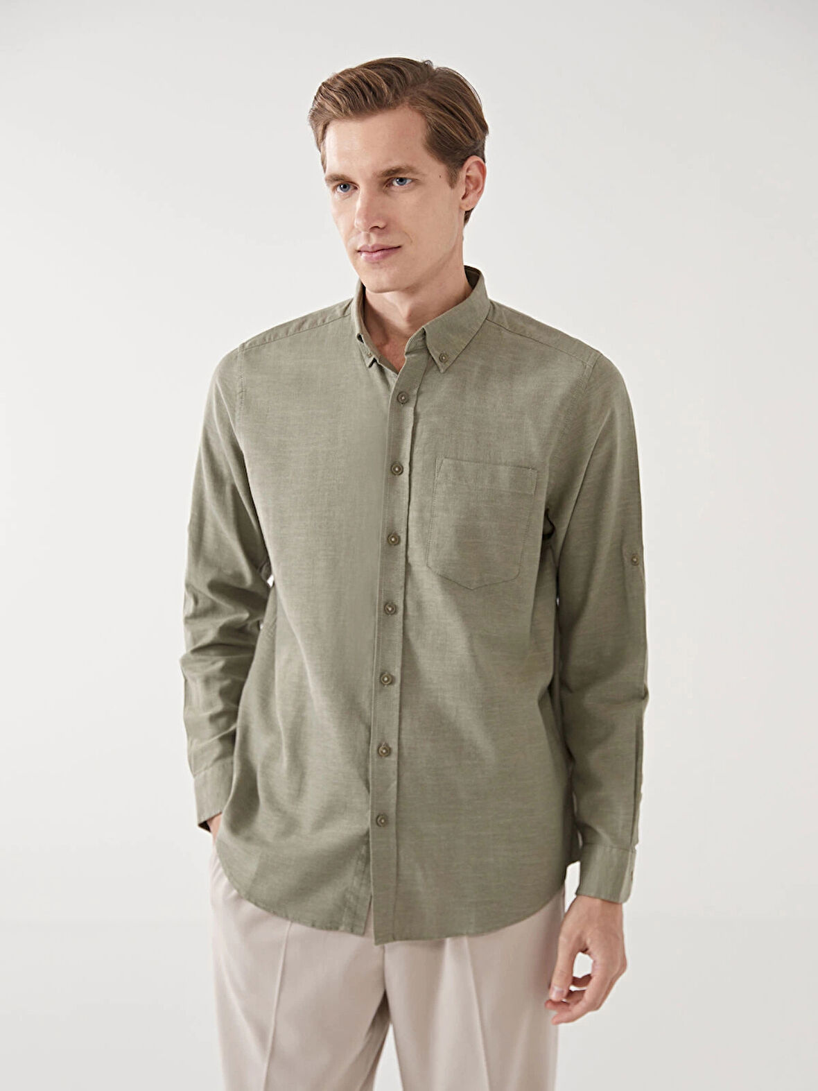 LCWAIKIKI Classic Yeşil Regular Fit Uzun Kollu Keten Karışımlı Erkek Gömlek