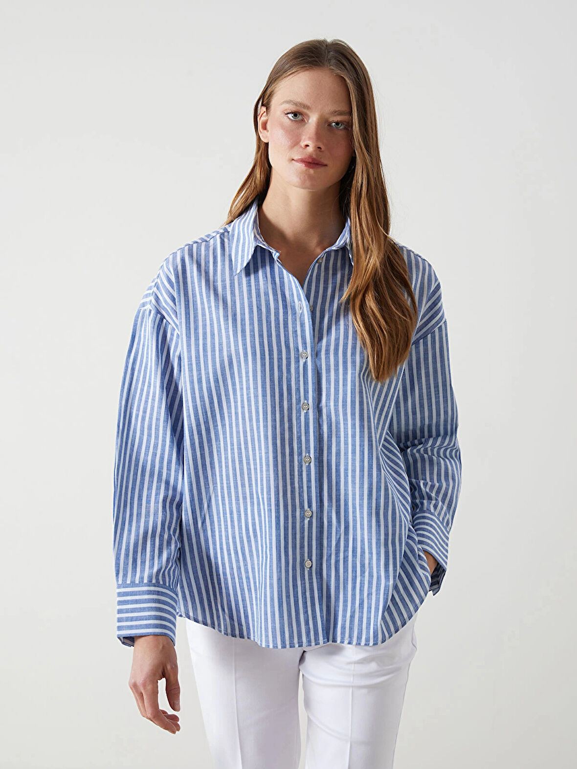 LCW Vision Mavi Çizgili Oversize Kadın Gömlek