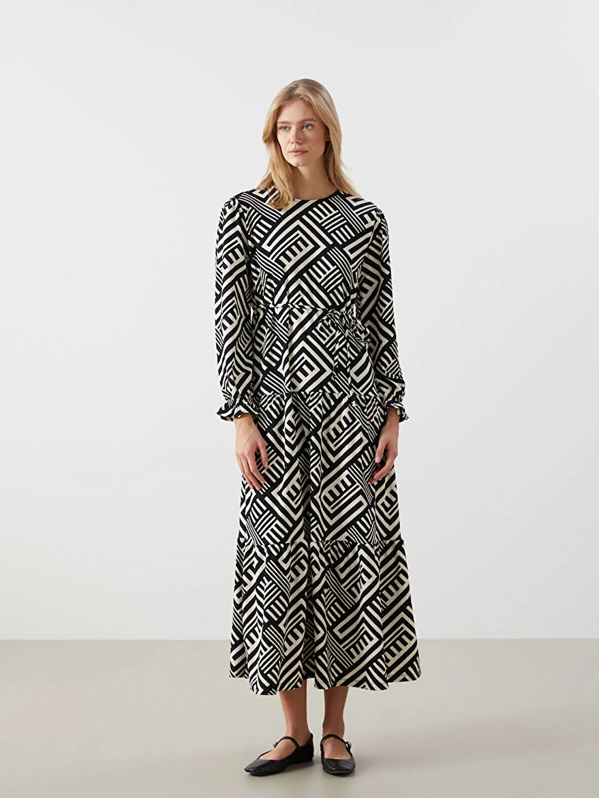 LCW Comfort SİYAH Bisiklet Yaka Desenli Kadın Elbise