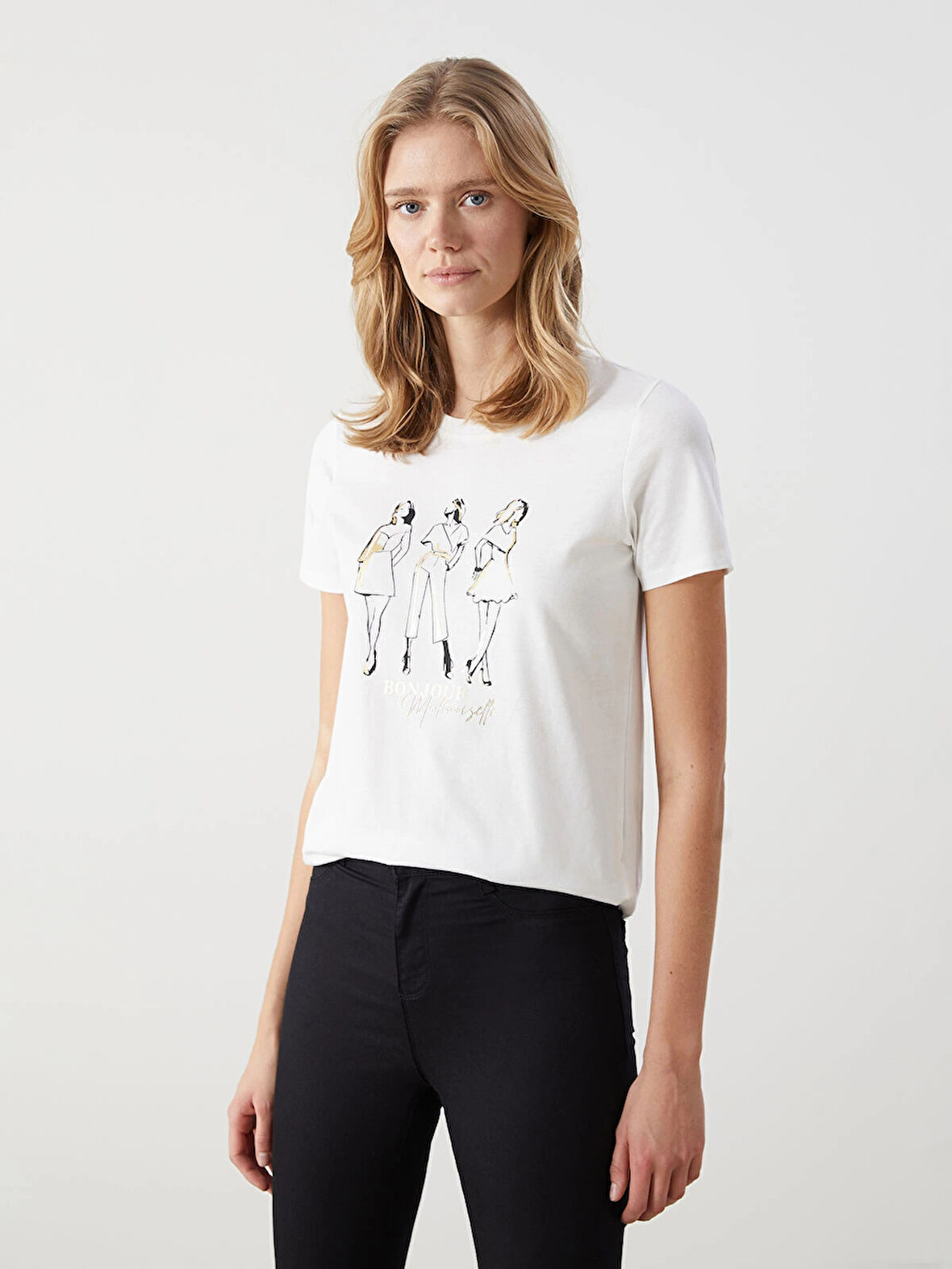 LCW Vision Ekru Bisiklet Yaka Baskılı Kadın Tişört