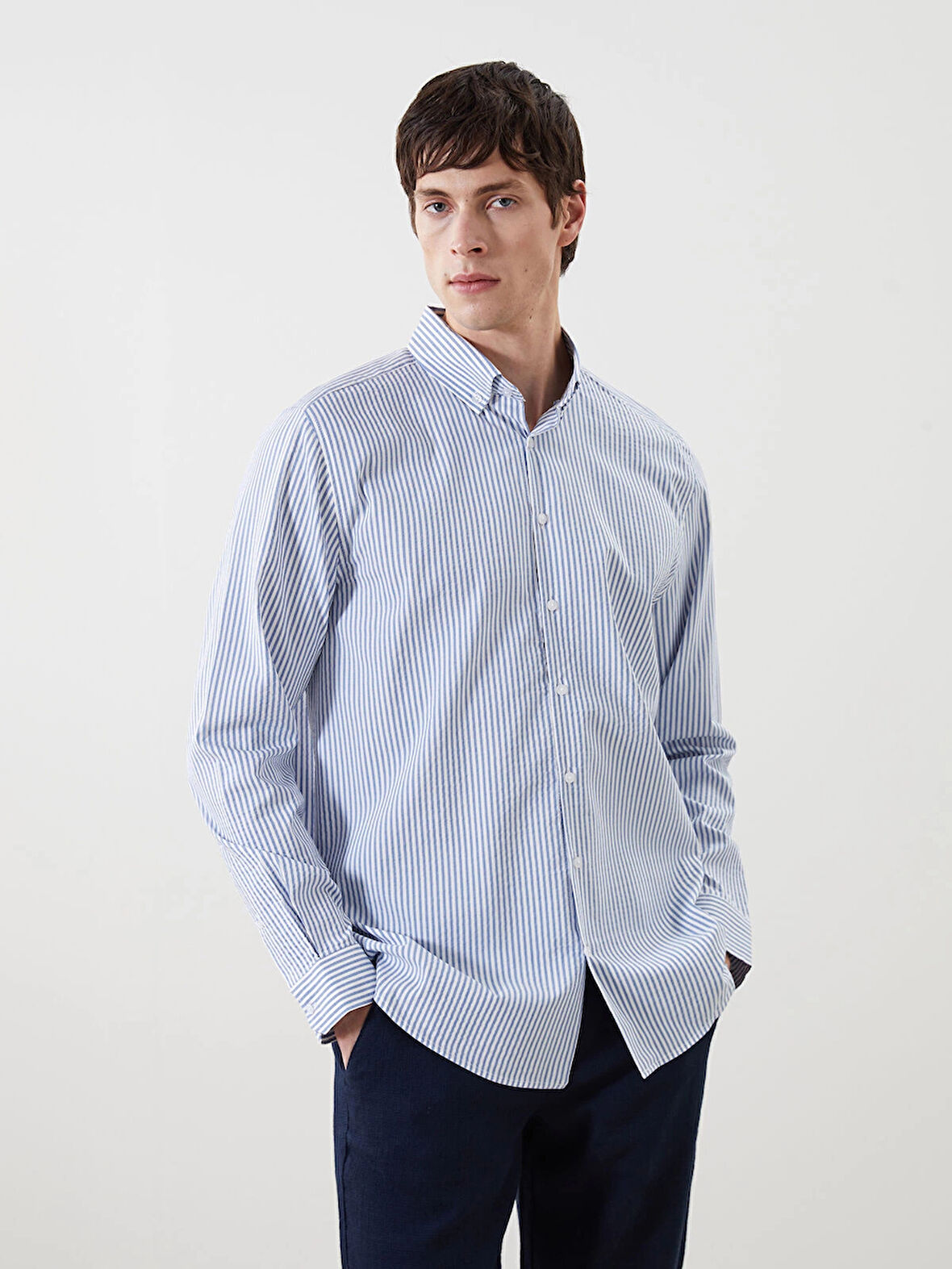 LCW Vision Mavi Regular Fit Uzun Kollu Çizgili Erkek Gömlek
