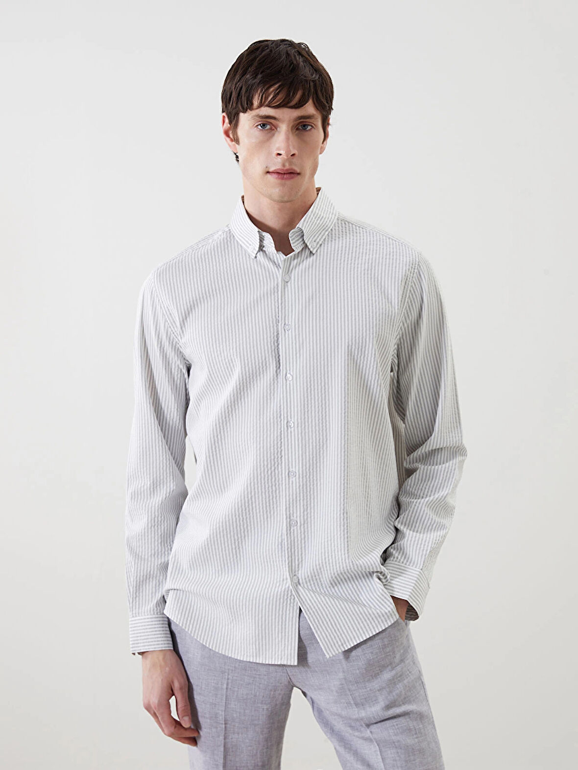 LCW Vision Gri Regular Fit Uzun Kollu Çizgili Erkek Gömlek