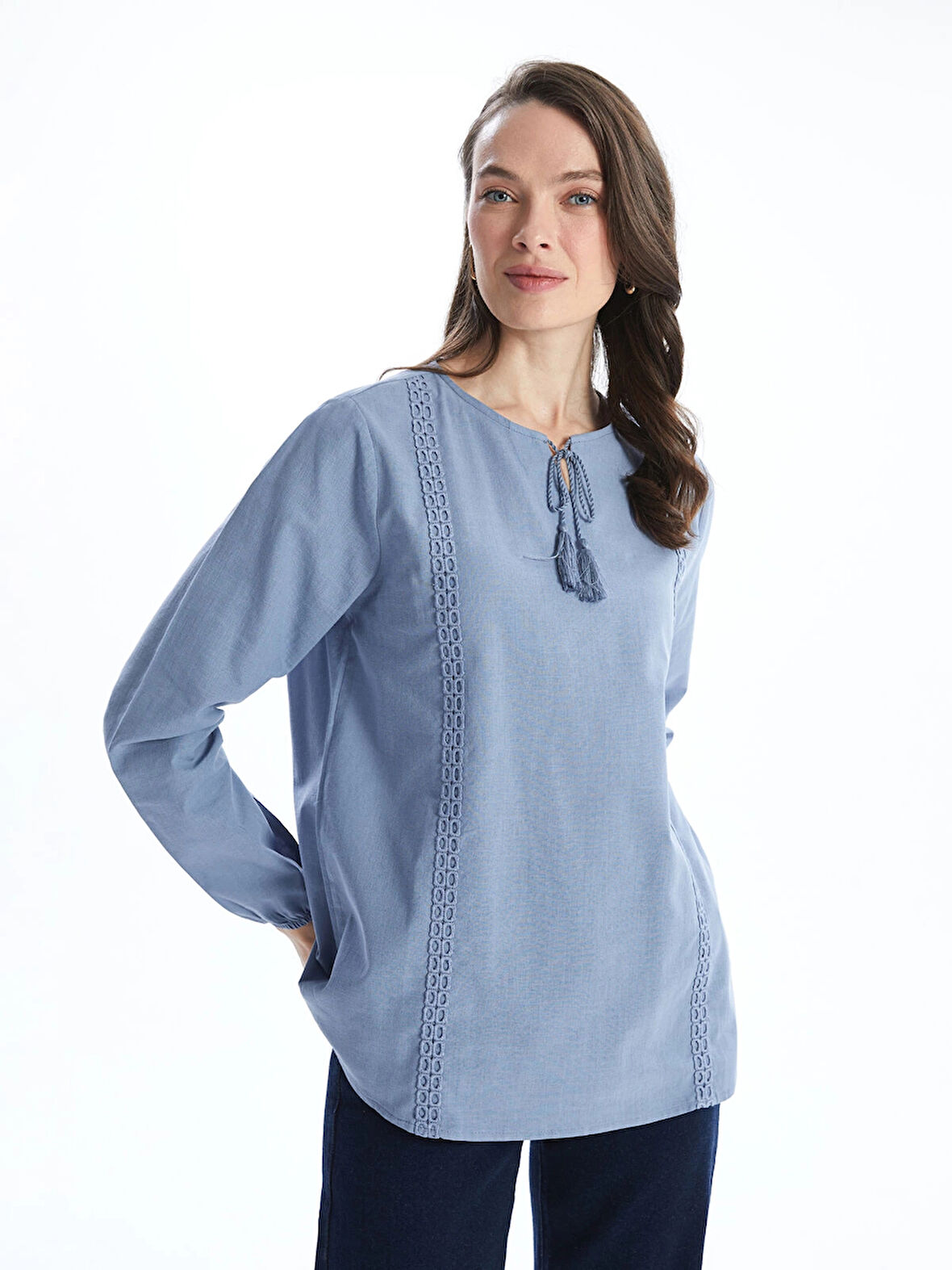 LCW Grace MAVİ Bağlamalı Yaka Nakışlı Kadın Bluz