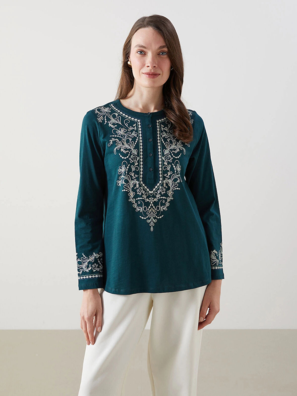 LCW Grace Yeşil Bisiklet Yaka Desenli Kadın Bluz