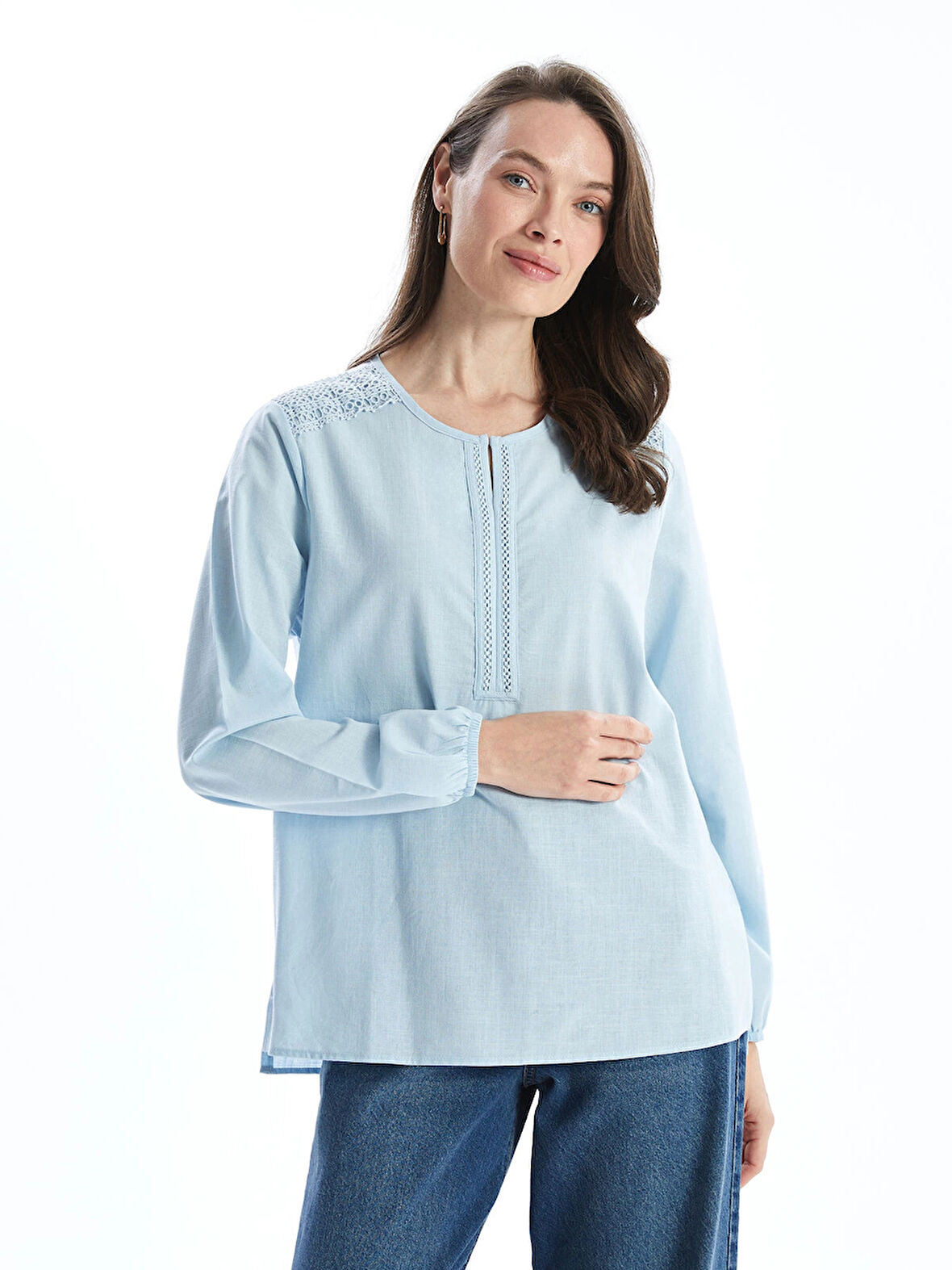 LCW Grace Mavi Kaçık Yaka Nakışlı Kadın Bluz