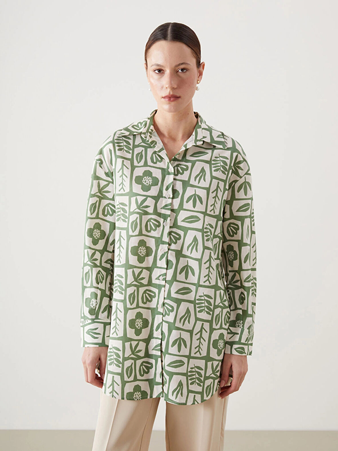 LCW Modest Yeşil Desenli Oversize Kadın Gömlek Tunik