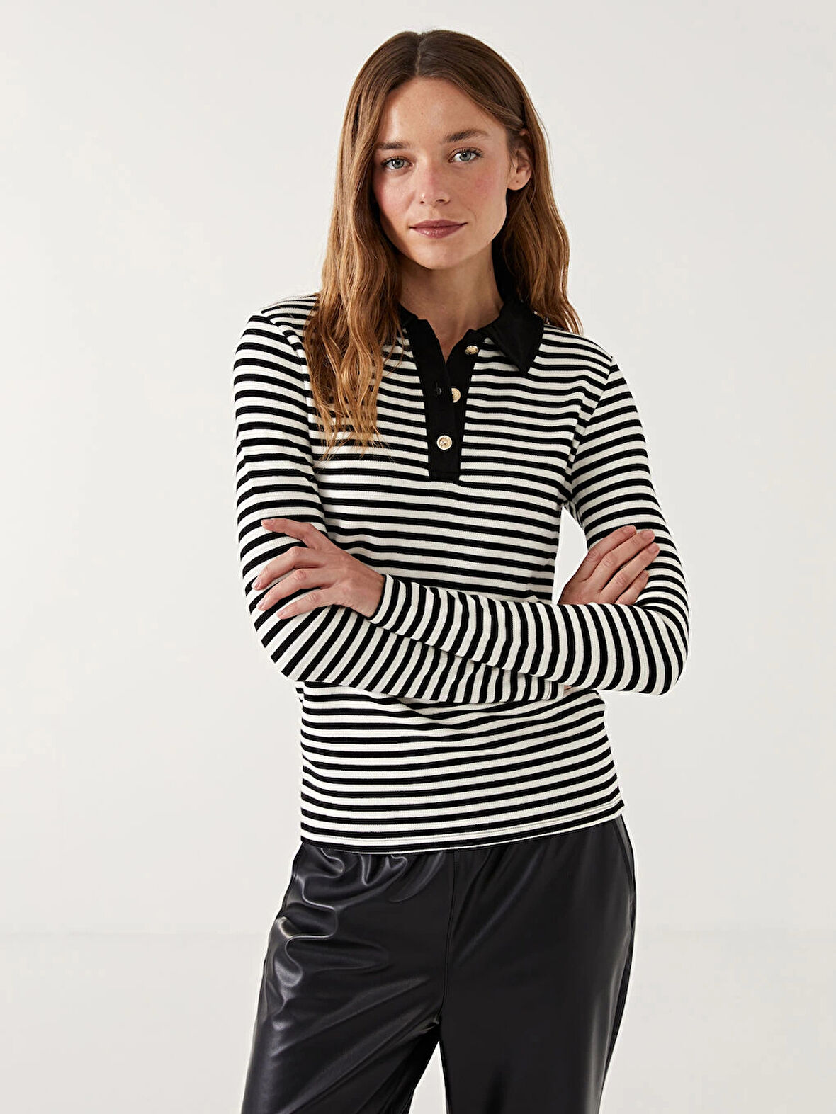 LCW Modest Siyah Polo Yaka Çizgili Kadın Body