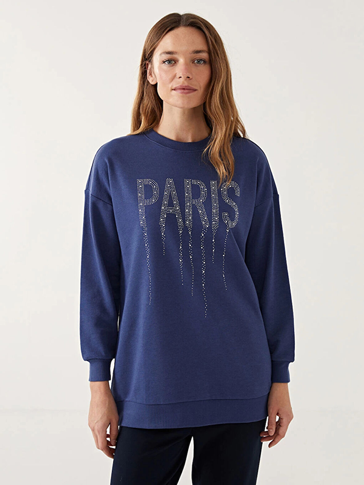 LCW Modest Lacivert Bisiklet Yaka Parlak Taşlı Kadın Sweatshirt Tunik