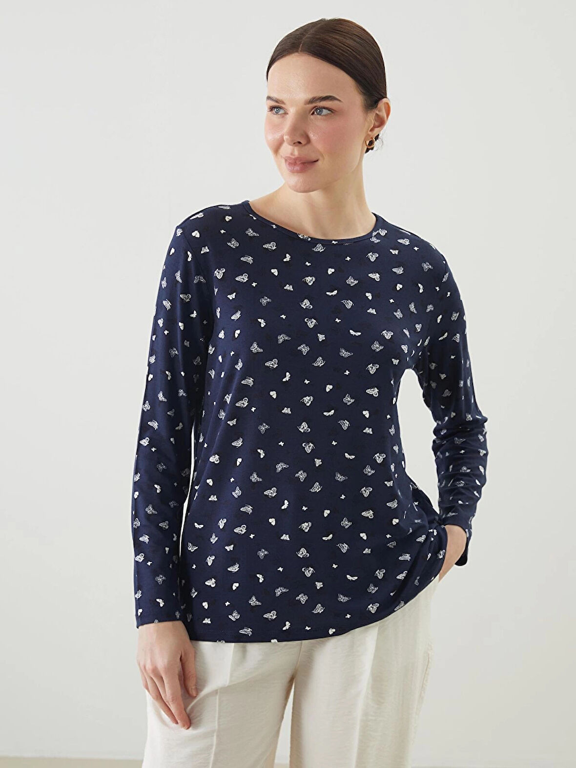 LCW Grace Lacivert Bisiklet Yaka Desenli Kadın Tişört