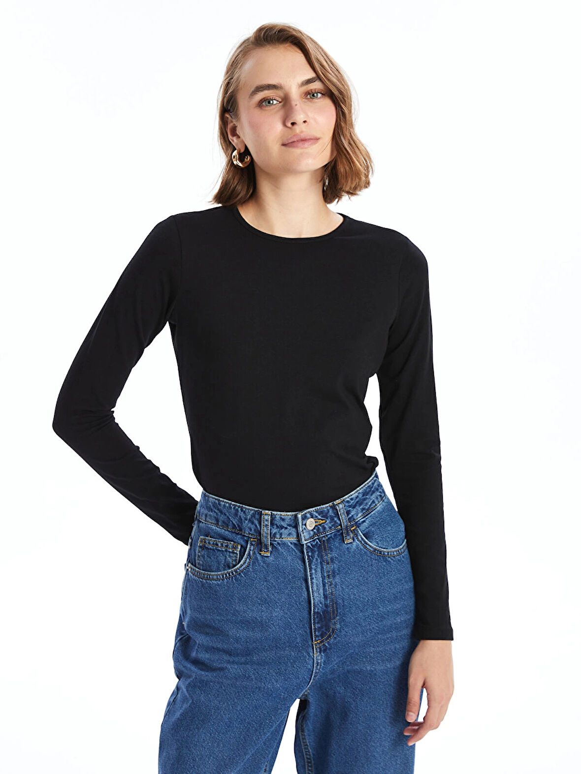 LCWAIKIKI Basic Siyah Bisiklet Yaka Kadın Body