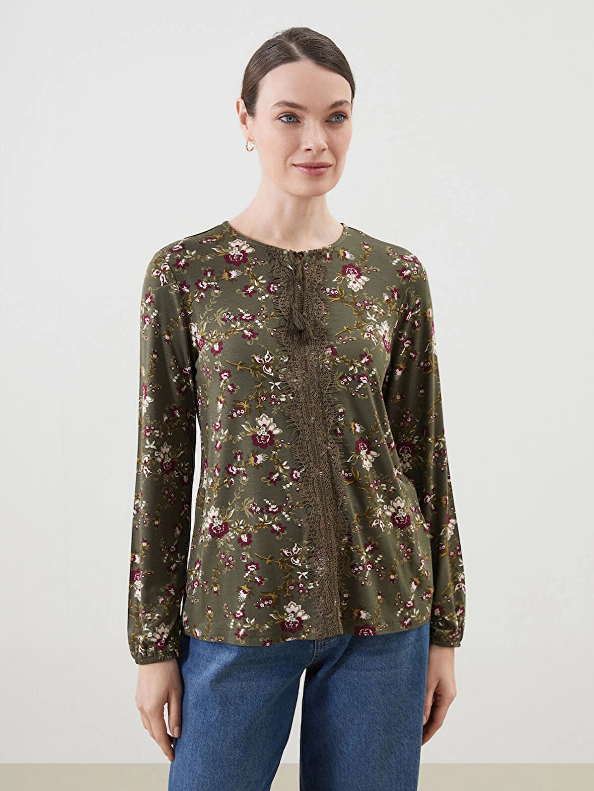 LCW Grace HAKİ Bağlamalı Yaka Çiçekli Kadın Bluz