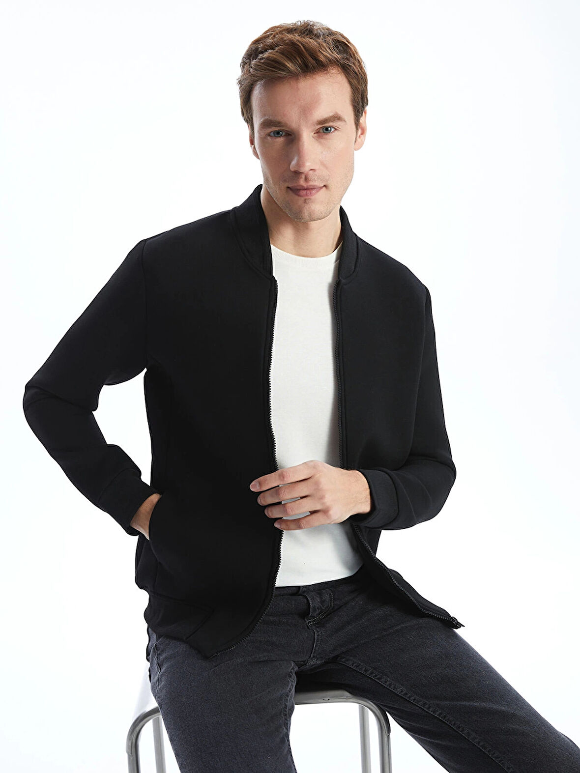 LCWAIKIKI Basic SİYAH Kolej Yaka Uzun Kollu Erkek Fermuarlı Sweatshirt