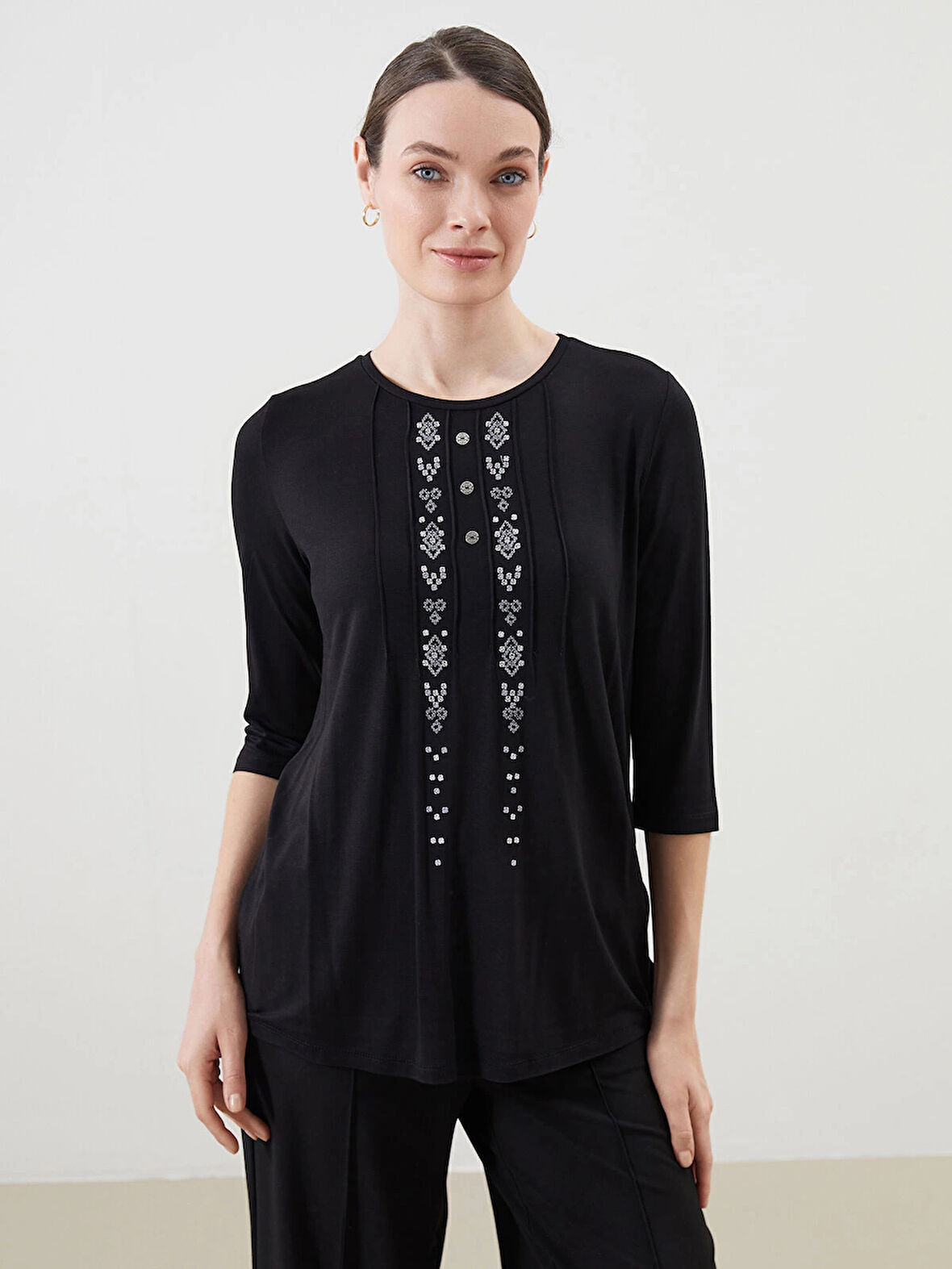 LCW Grace Siyah Bisiklet Yaka Desenli Kadın Bluz