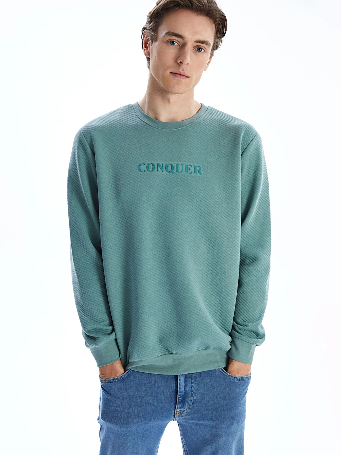 LCWAIKIKI Classic Yeşil Bisiklet Yaka Uzun Kollu Baskılı Erkek Sweatshirt