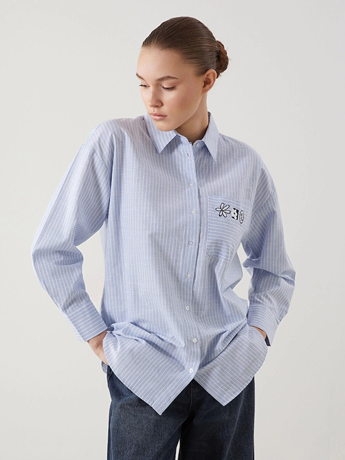 LCW Modest MAVİ Çiçekli Oversize Kadın Gömlek Tunik