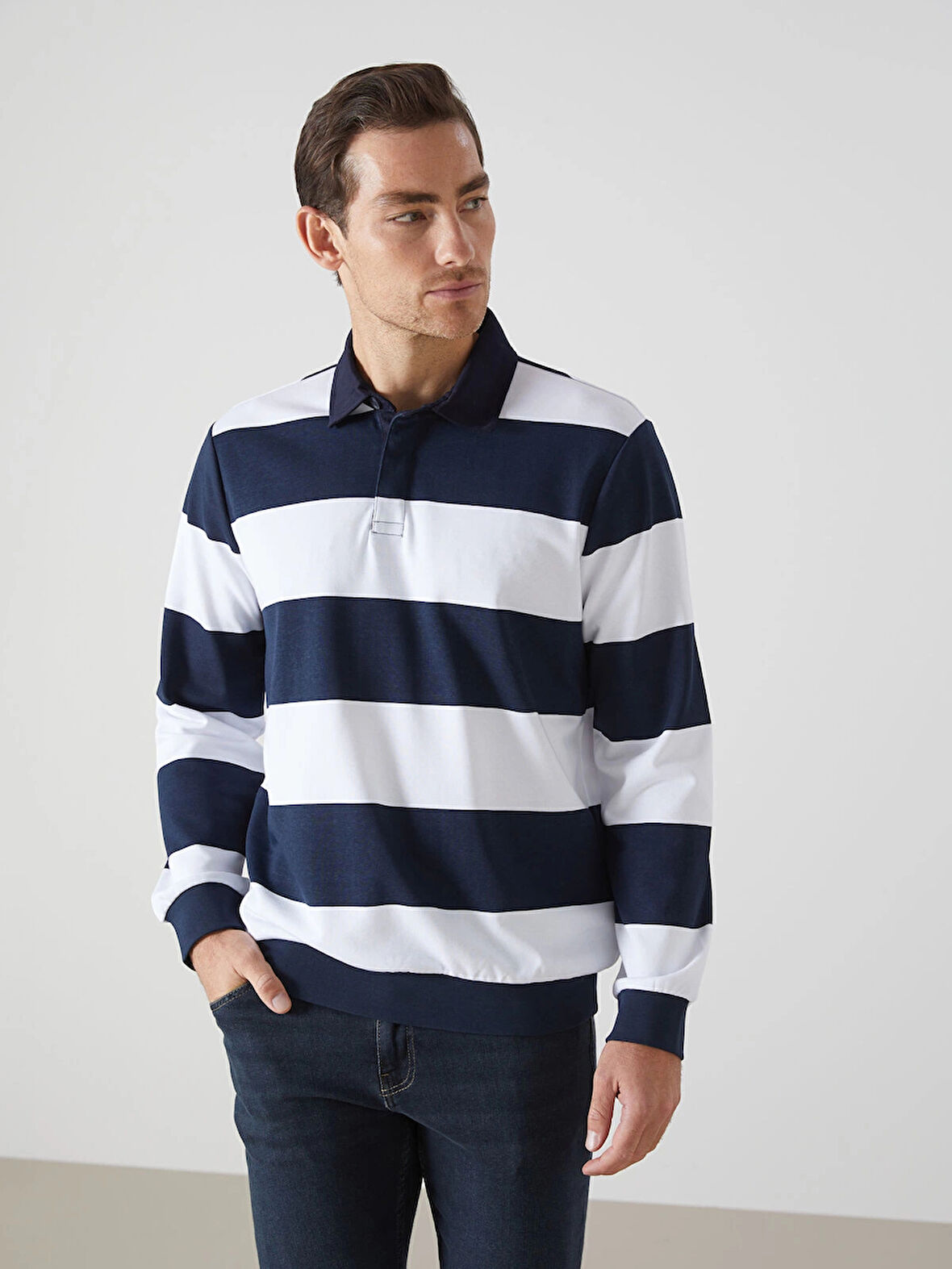 LCWAIKIKI Basic Lacivert Polo Yaka Uzun Kollu Çizgili Erkek Sweatshirt