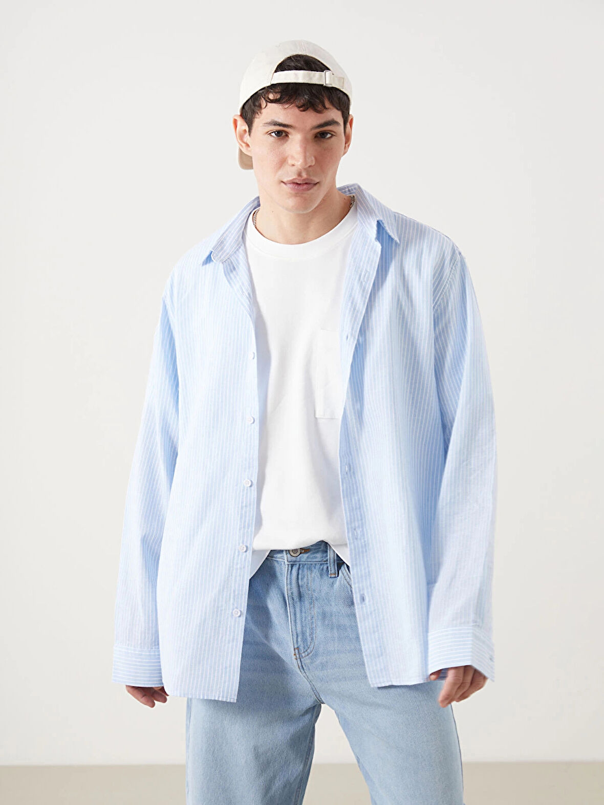 XSIDE Mavi Regular Fit Uzun Kollu Çizgili Keten Karışımlı Erkek Gömlek