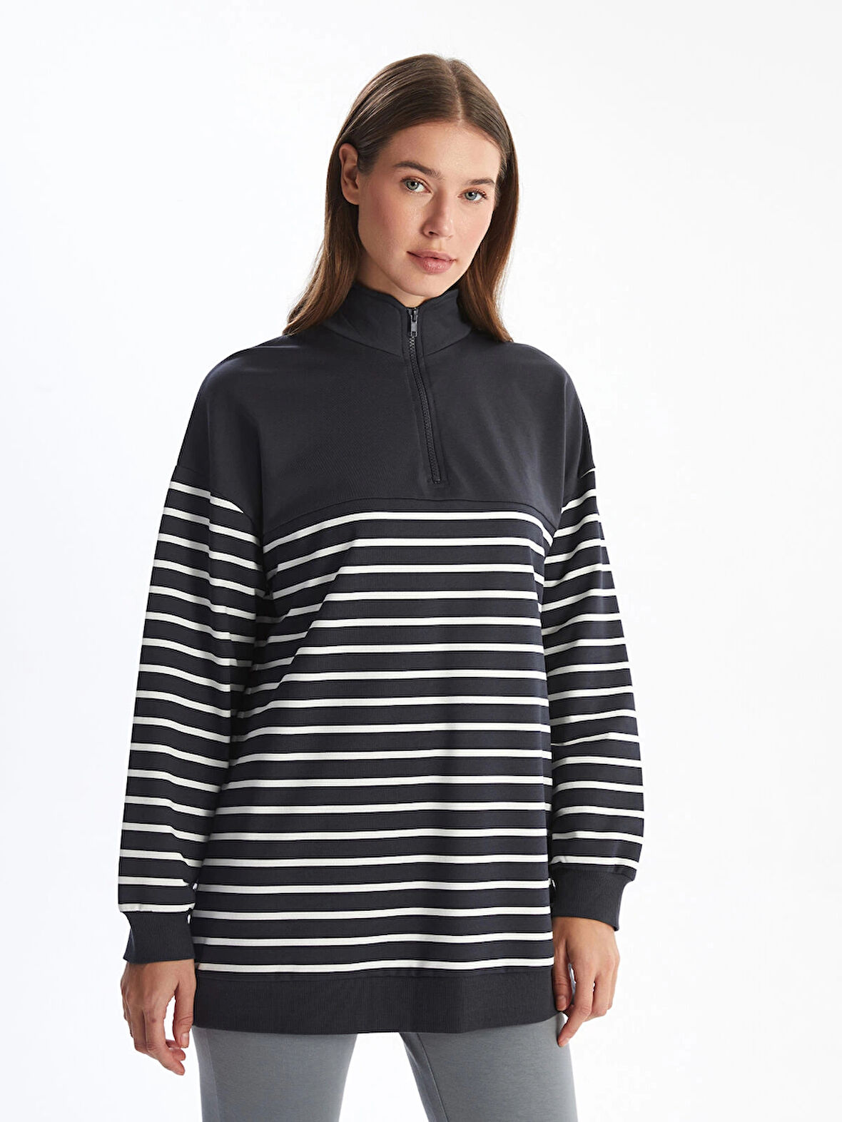 LCW Modest GRİ Dik Yaka Çizgili Kadın Sweatshirt Tunik