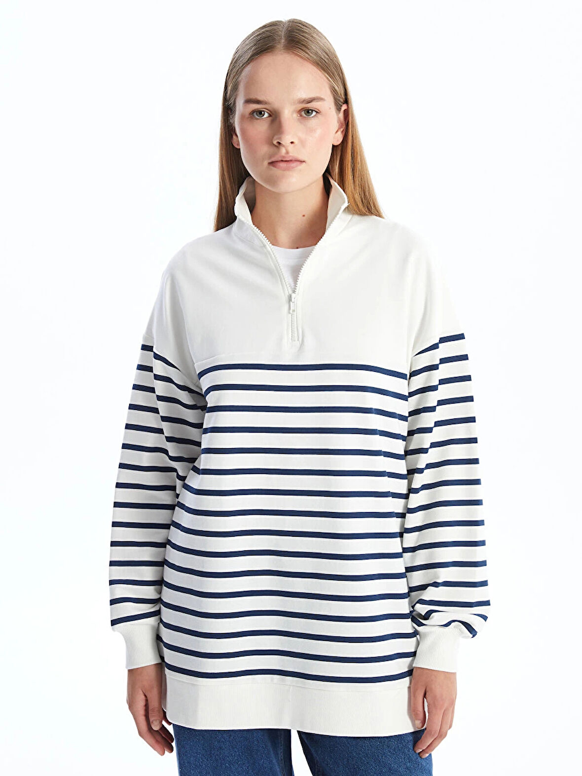 LCW Modest Lacivert Dik Yaka Çizgili Kadın Sweatshirt Tunik