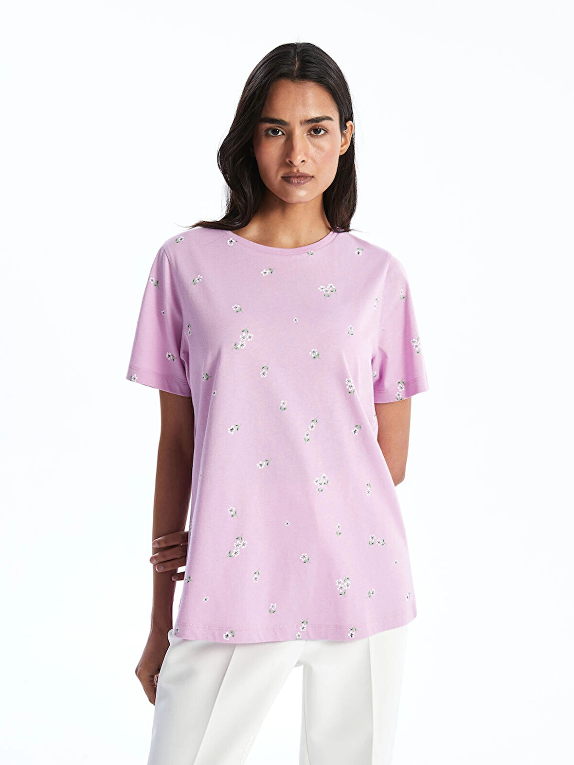 LCWAIKIKI Classic Lila Bisiklet Yaka Desenli Kadın Tişört