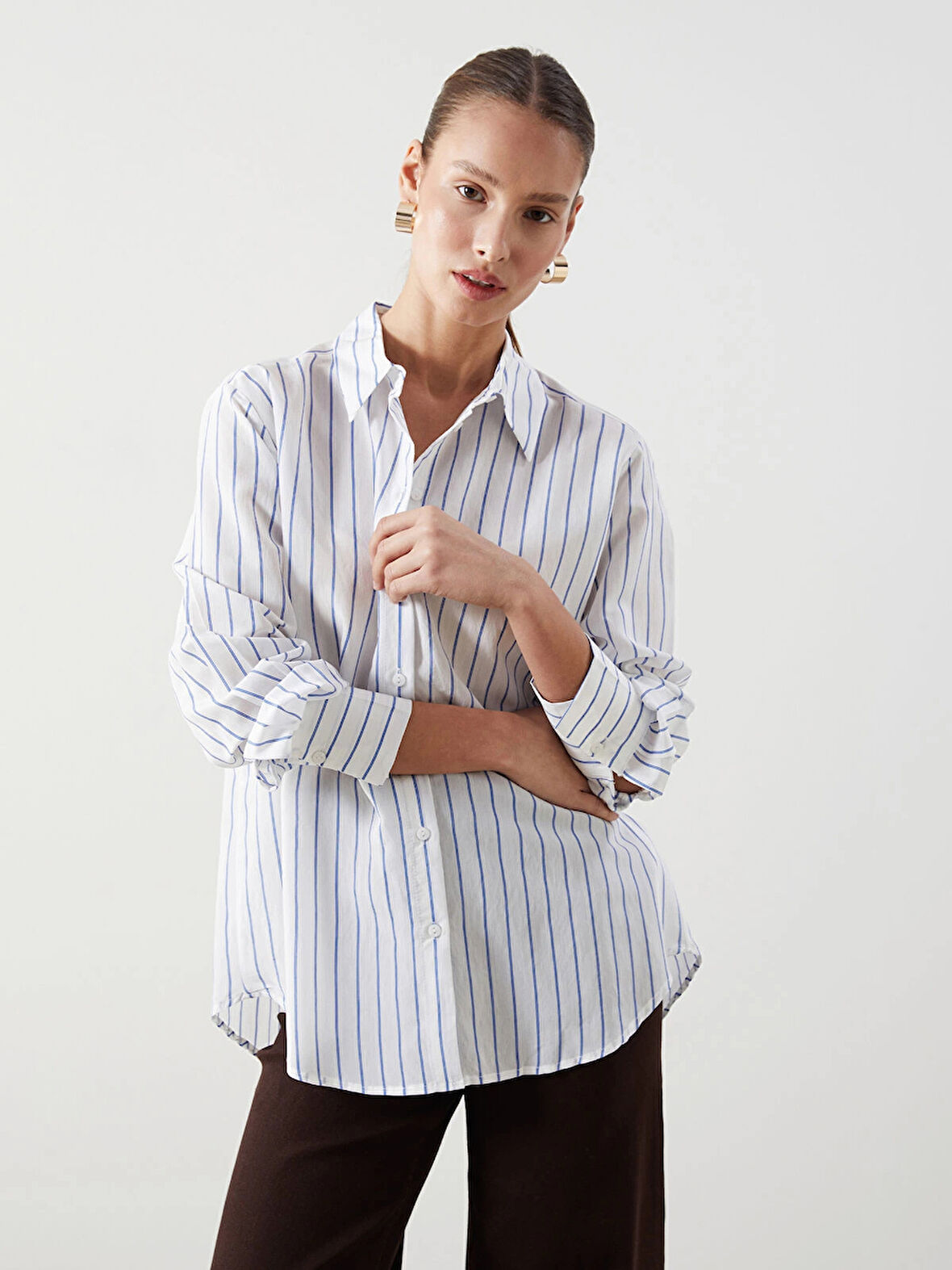 LCWAIKIKI Classic Mavi Çizgili Kadın Gömlek