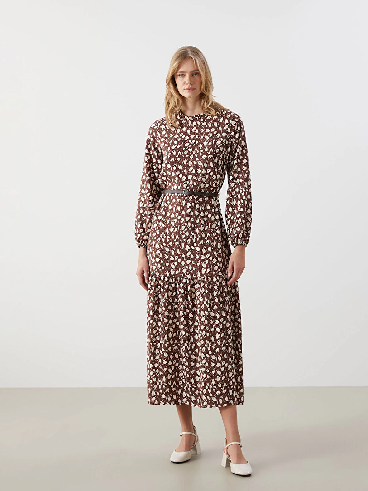 LCW Modest KAHVERENGİ Dik Yaka Desenli Kadın Elbise