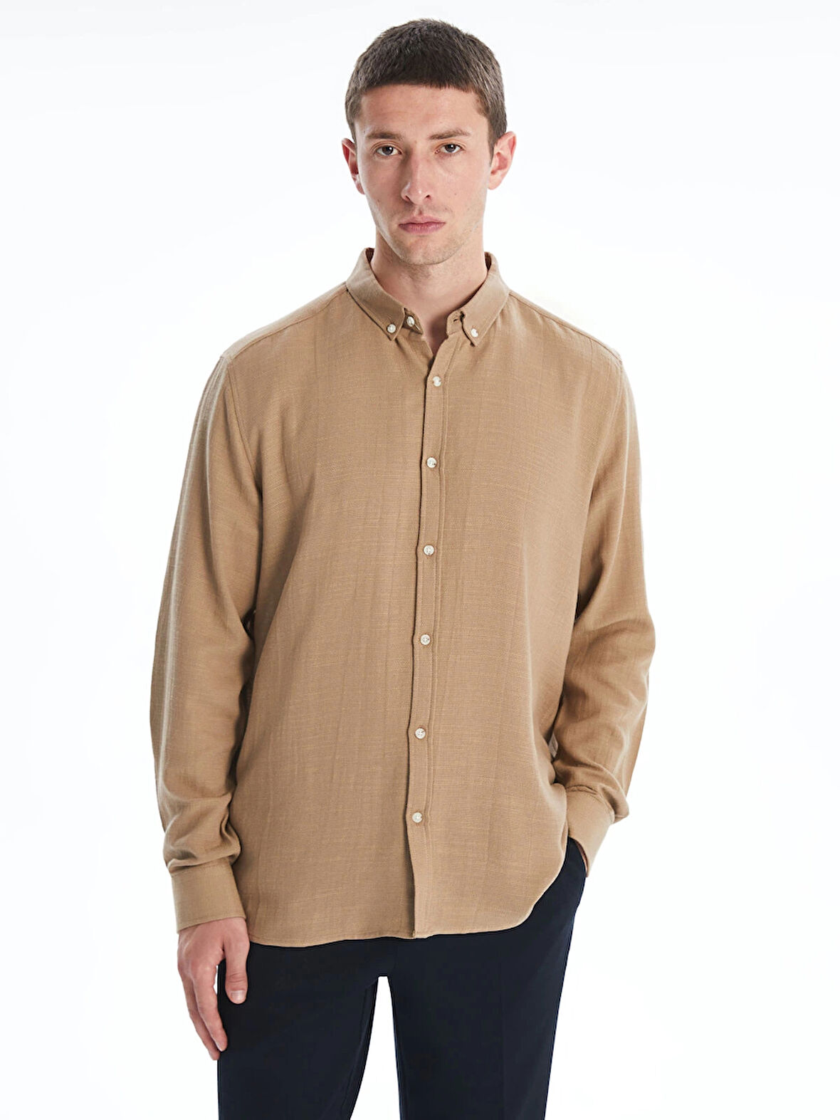 LCW Vision Bej Slim Fit Uzun Kollu Armürlü Erkek Gömlek