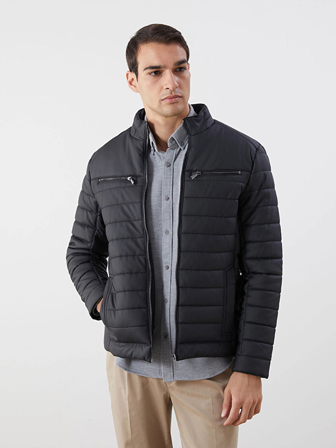 LCW Vision Siyah Slim Fit Dik Yaka Erkek Deri Görünümlü Mont