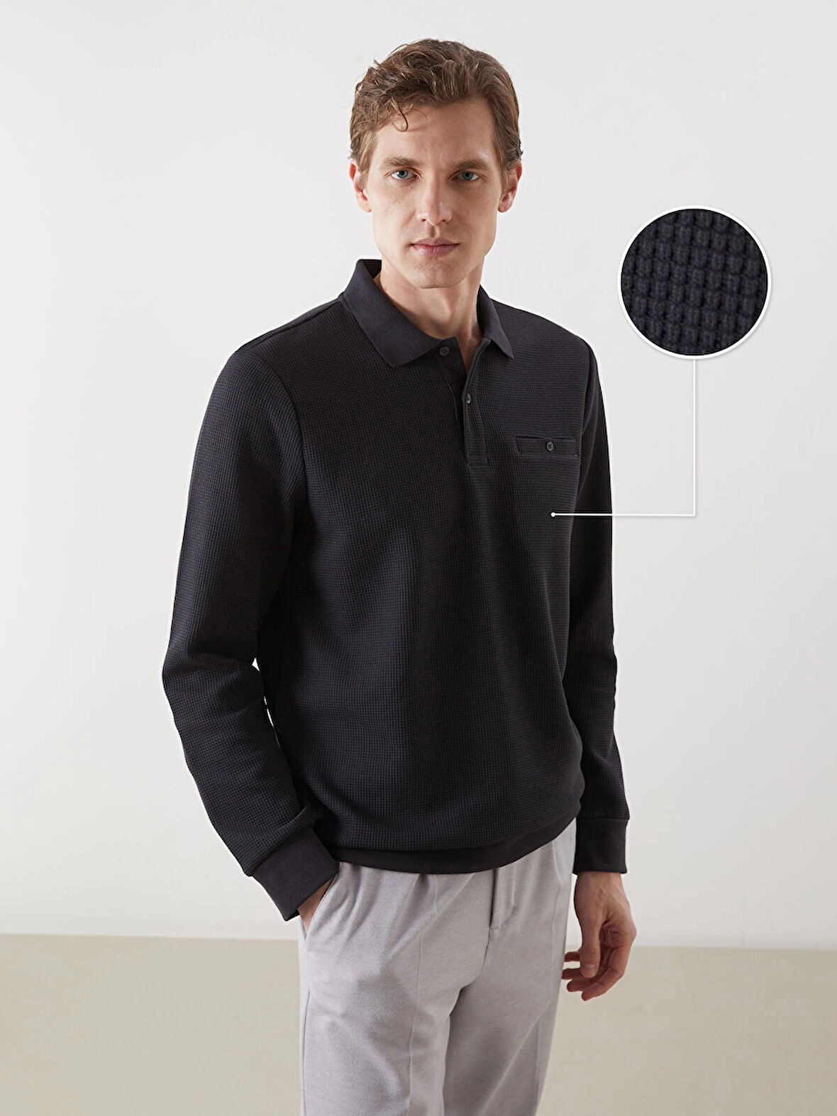 LCWAIKIKI Classic Antrasit Polo Yaka Uzun Kollu Erkek Sweatshirt