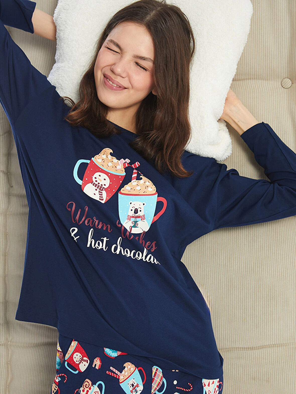 LCW Young LACİVERT Bisiklet Yaka Baskılı Kadın Pijama Takımı