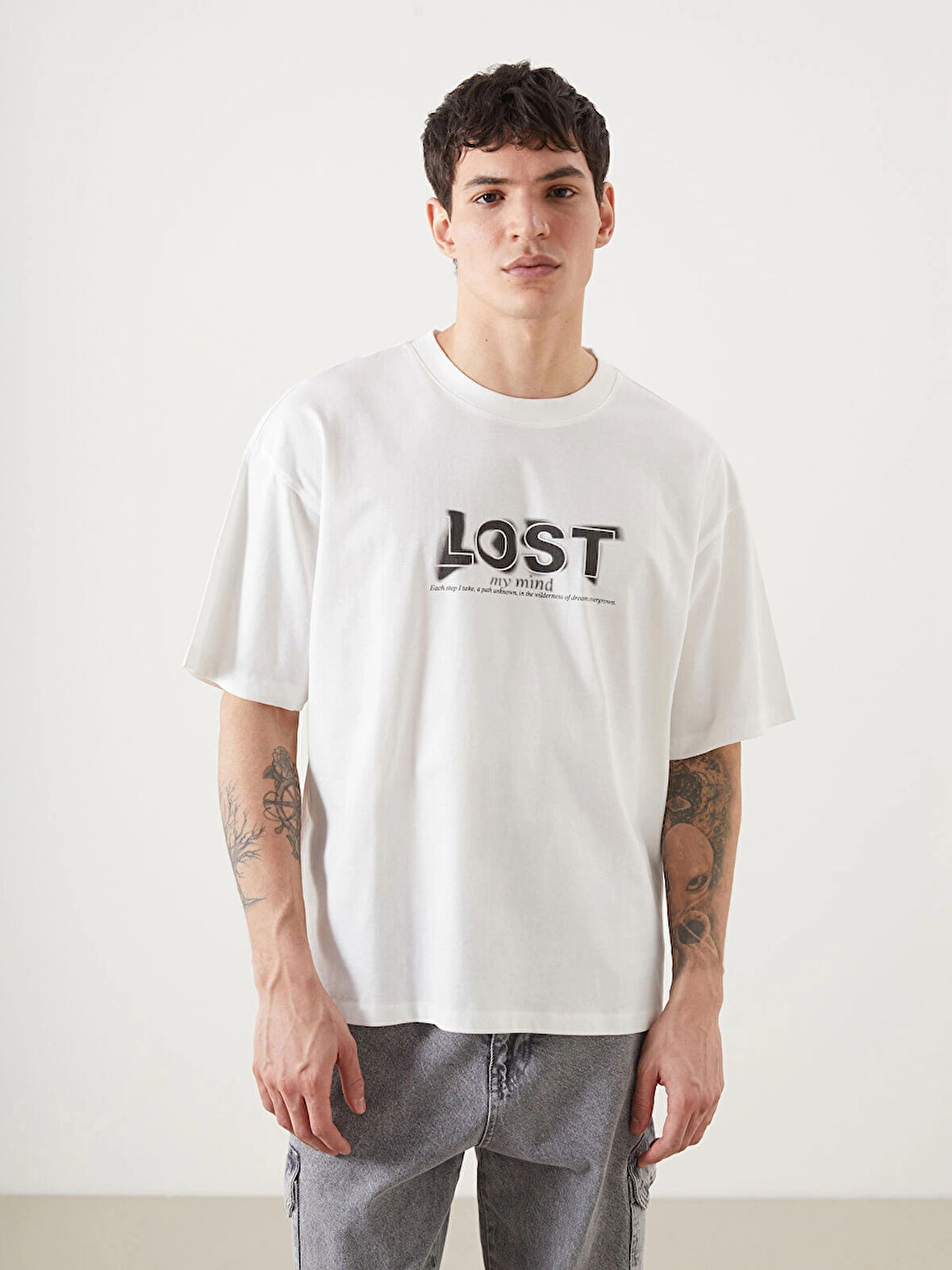 XSIDE Ekru Bisiklet Yaka Kısa Kollu Baskılı Penye Erkek Tişört