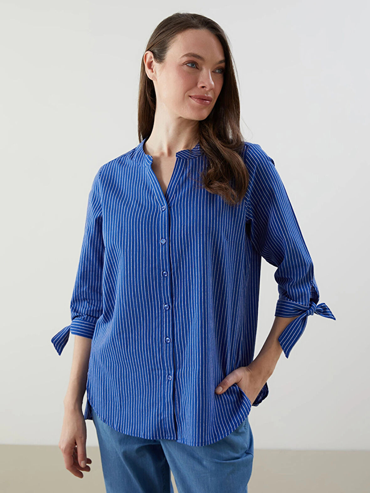 LCW Grace Mavi Çizgili Poplin Kadın Gömlek